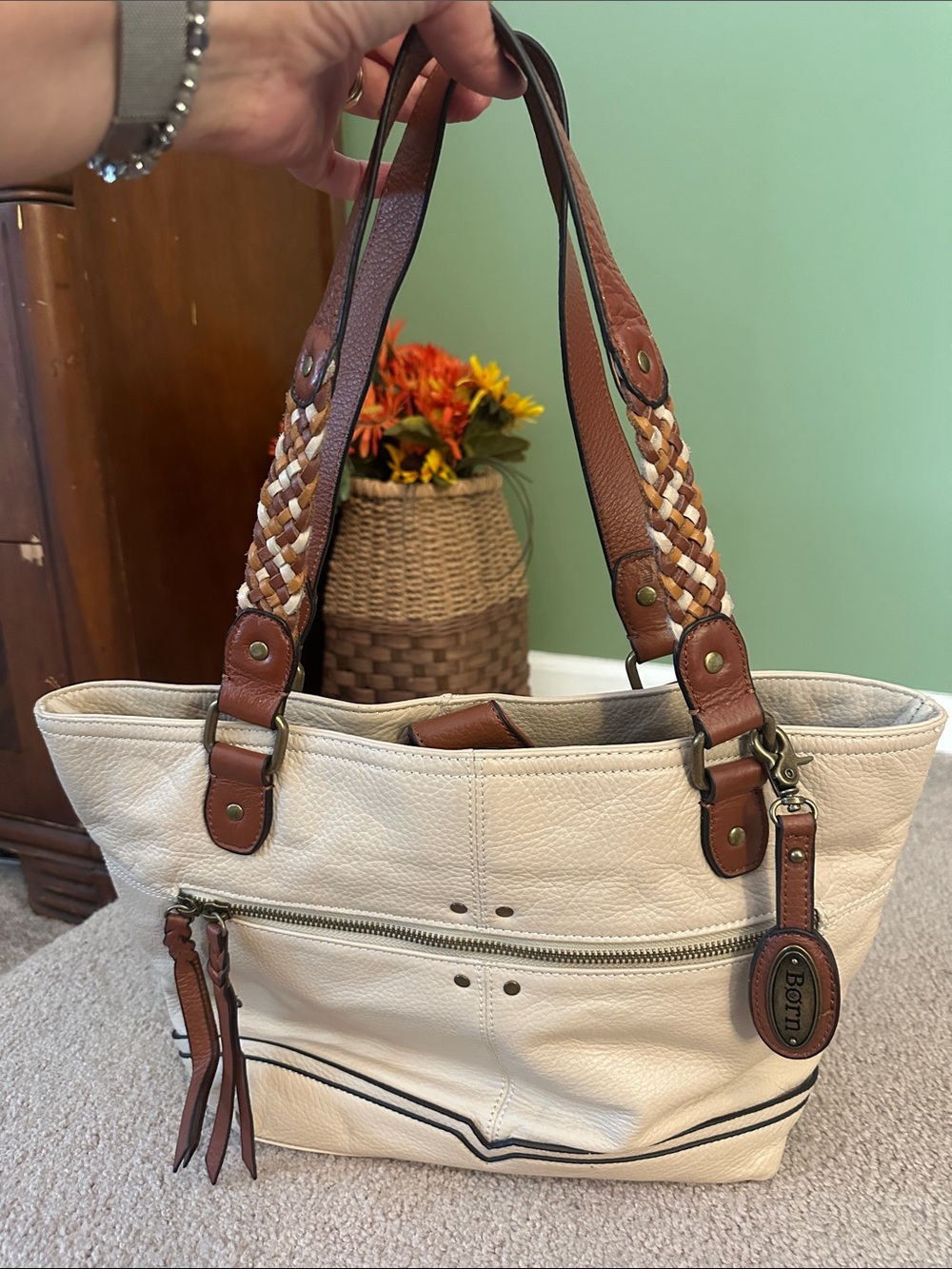 Born Cream Leather Tote with Brown Braided Straps